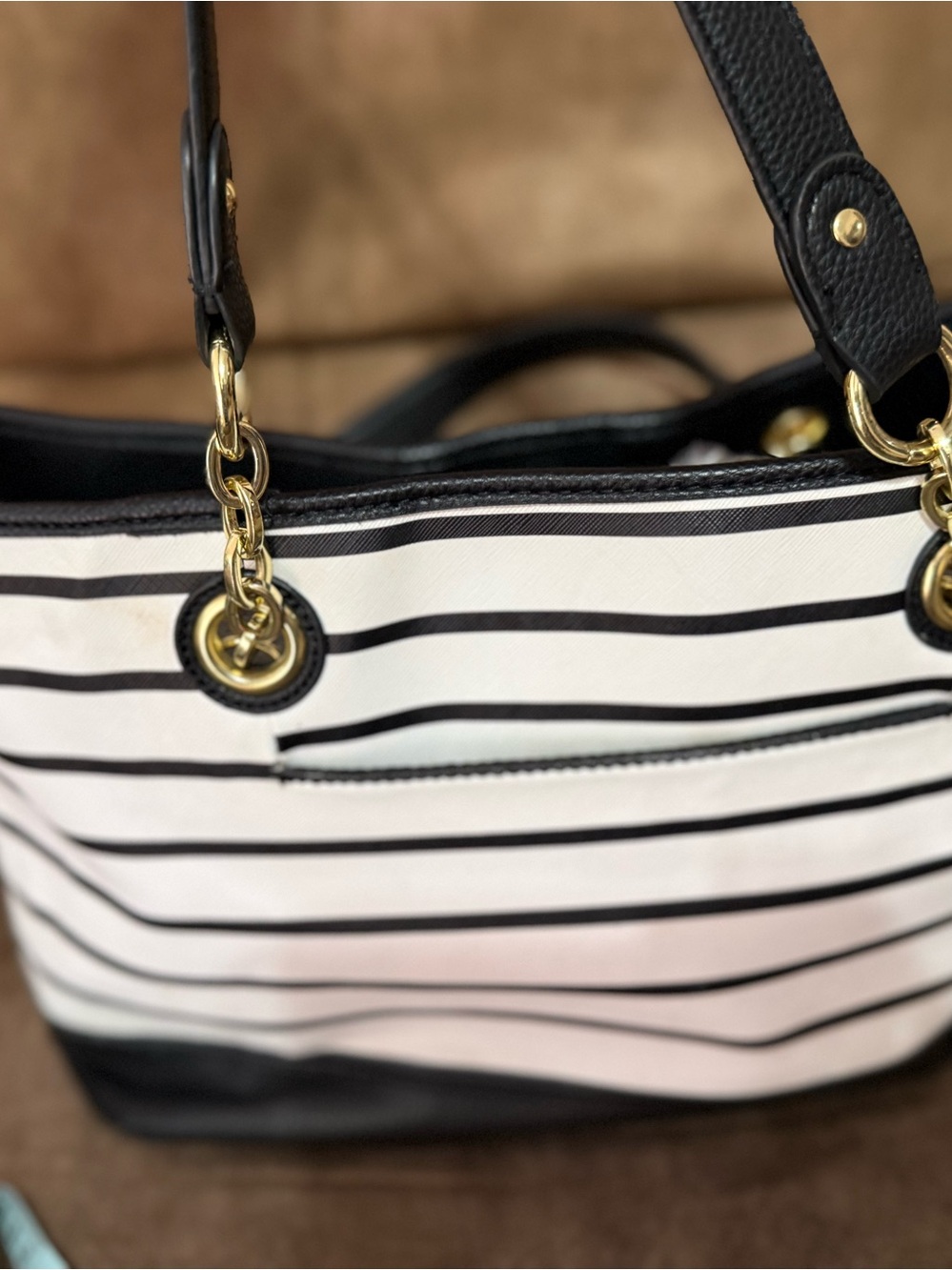 Liz Claiborne Black White Striped Tote Bag Gold Chain Shoulder Purse Large Chic - Picture 6 of 12